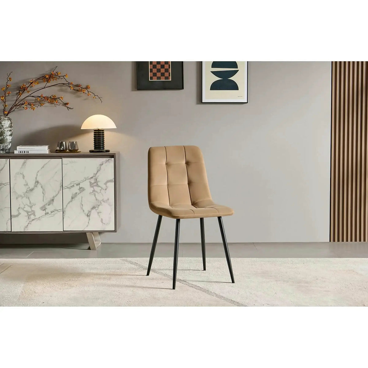 Scaun TED NEW, bej inchis/negru, stofa catifelata/metal, 46x54x88 cm