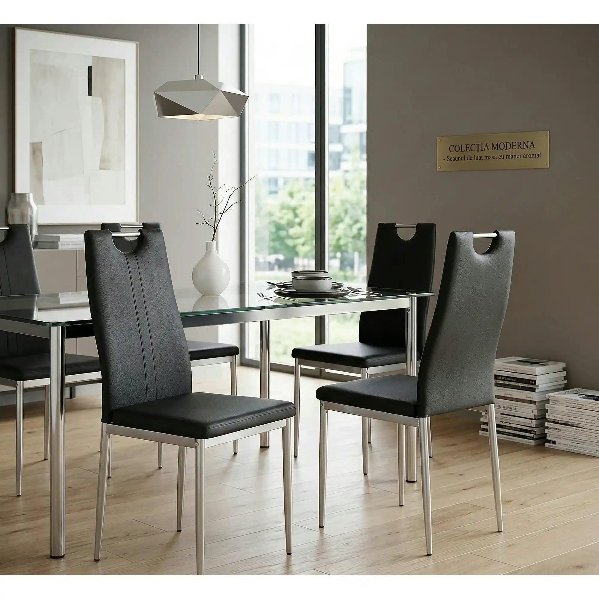 Scaune dining K202, negru/crom, piele ecologica/metal, 44X54X97 CM