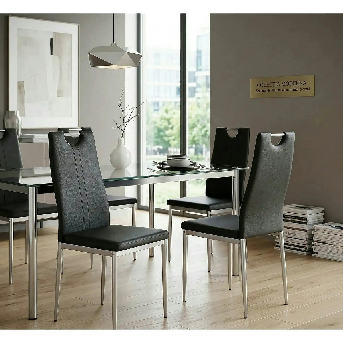 Scaune dining K202, negru/crom, piele ecologica/metal, 44X54X97 CM