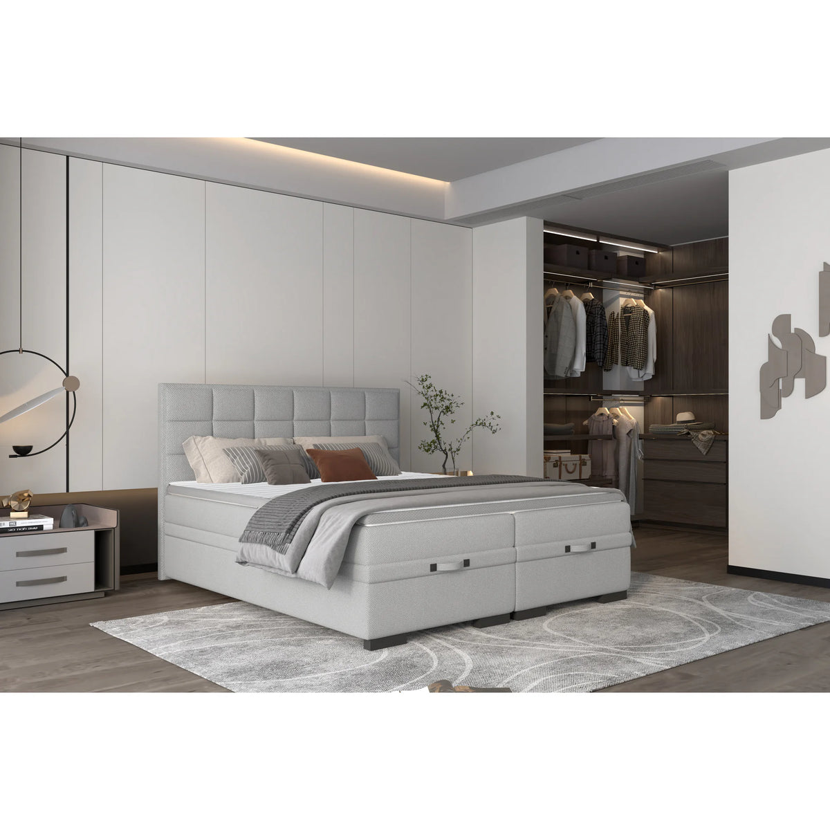 Pat boxspring SEMENO 180x200, personalizabil materiale Gama Oferta Avantaj, cu saltele, spatiu depozitare si topper