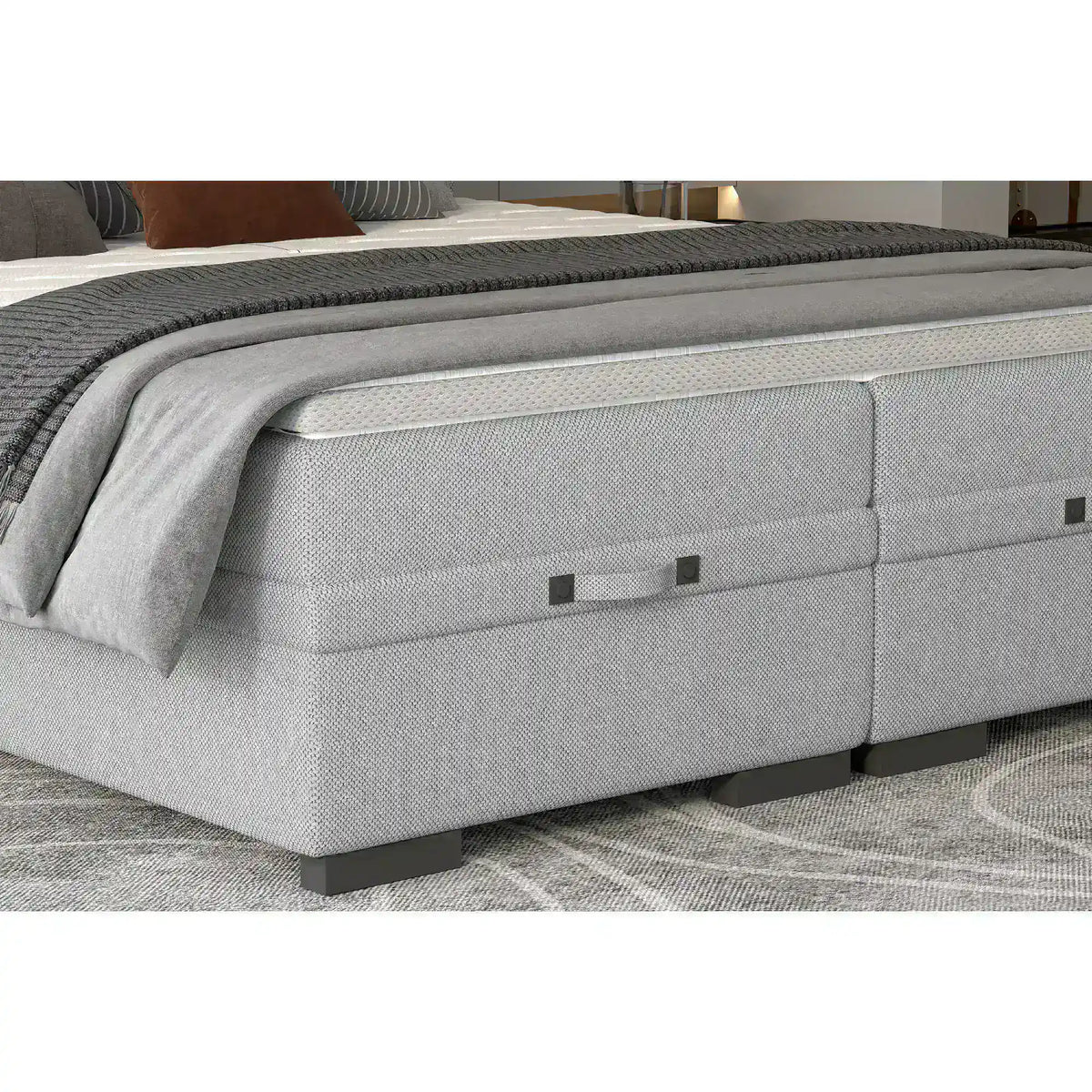 Pat boxspring SEMENO 160x200, personalizabil materiale Gama Premium, cu saltele, spatiu depozitare si topper