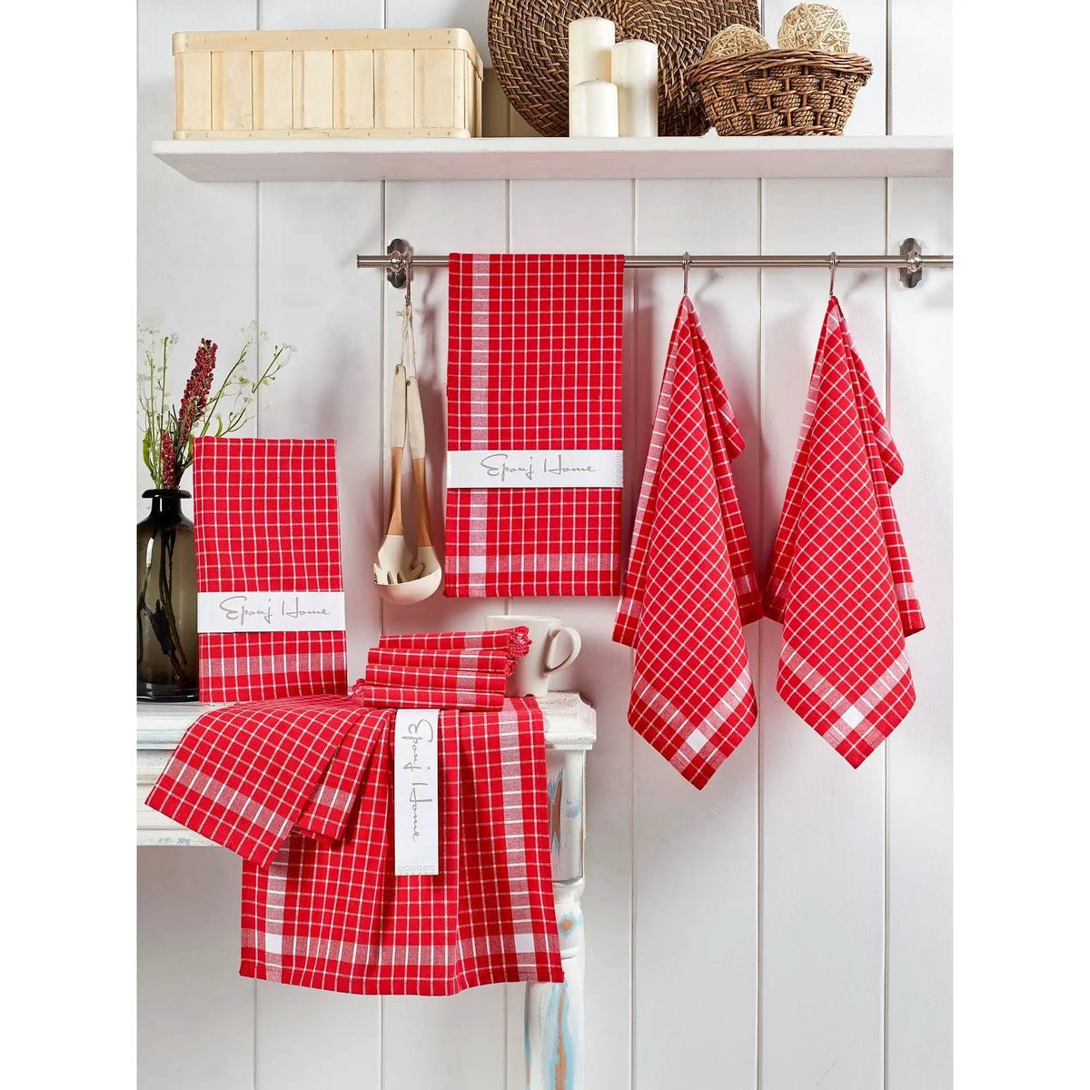 Set 10 prosoape bucatarie KUP, rosu/alb, bumbac, 45x65 cm