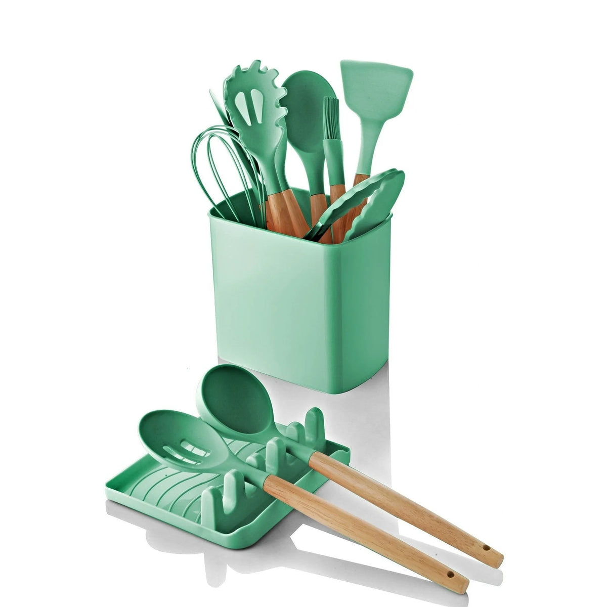 Set 11 ustensile cu suport si cutie C-SLC1301, verde/stejar, plastic/lemn