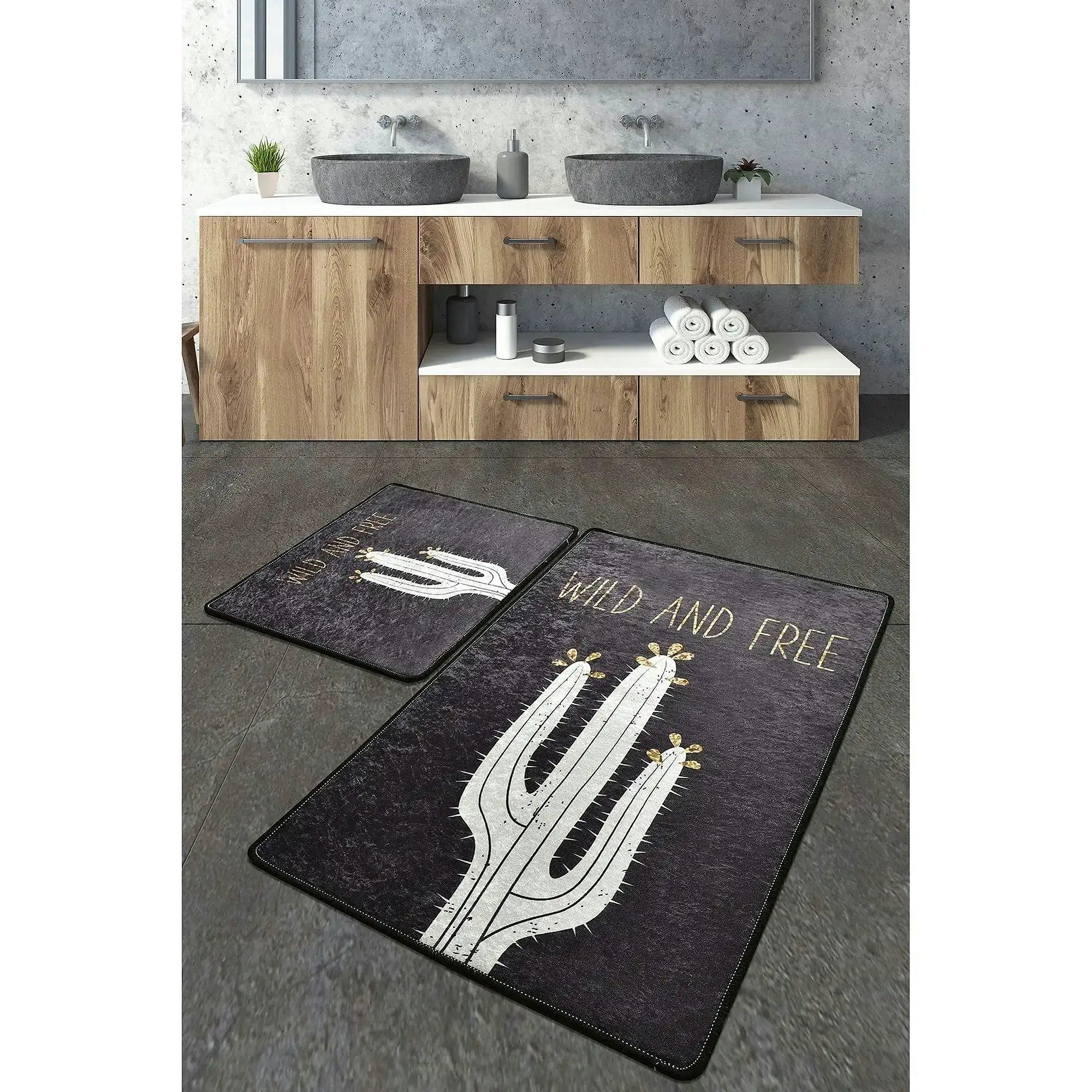 Set 2 covorase baie 359CHL2489, forma dreptunghiulara, poliester, negru/alb