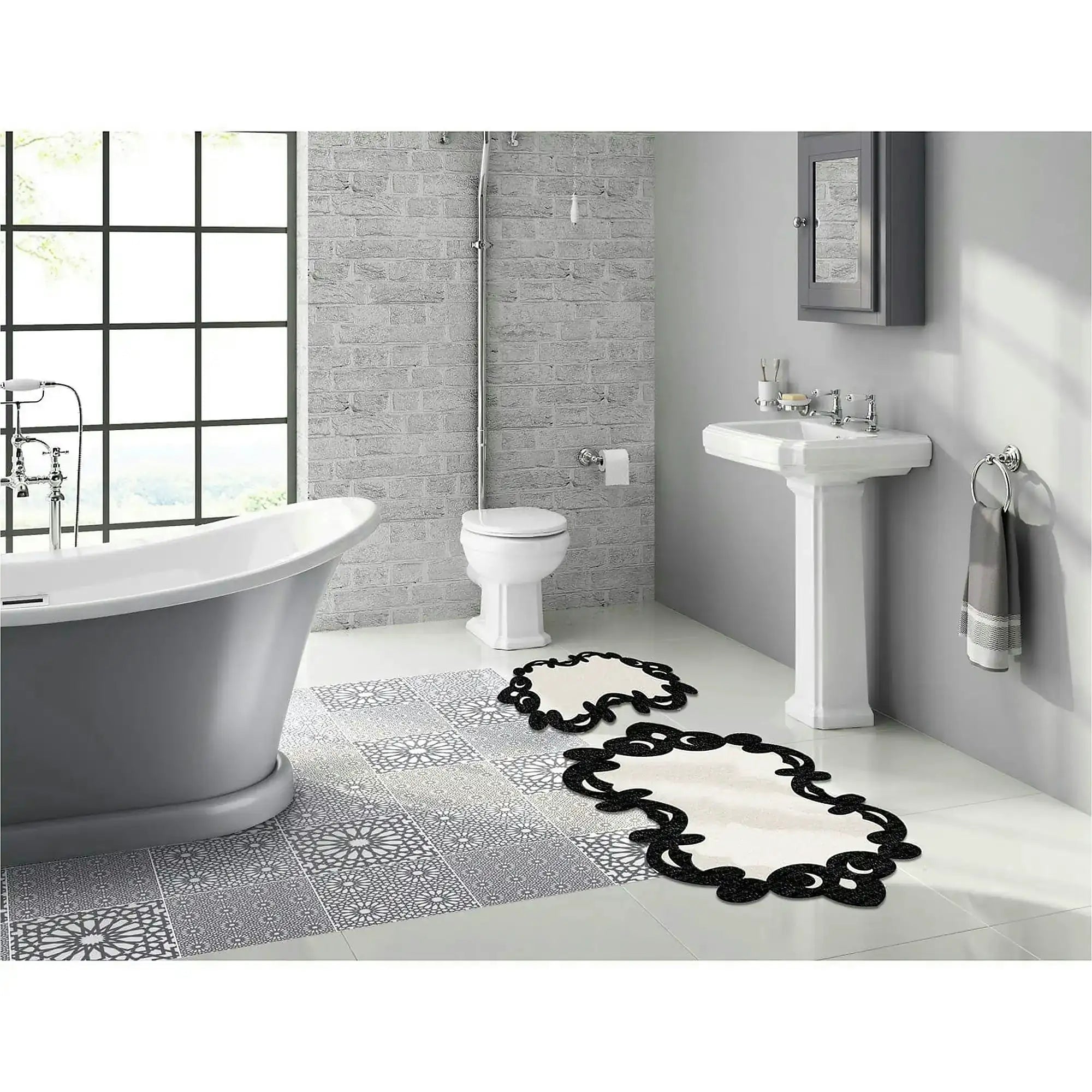 Set 2 covorase baie 394ANR1613, forma atipica, poliester, crem/negru