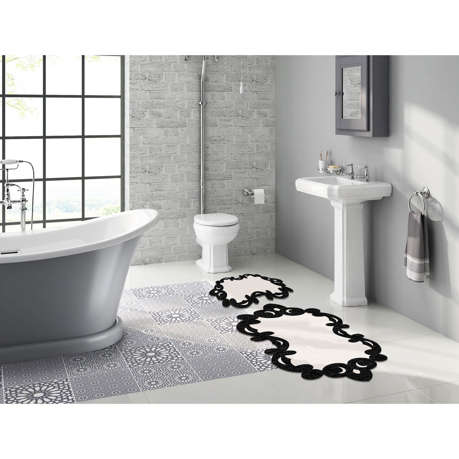 Set 2 covorase baie 394ANR1613, forma atipica, poliester, crem/negru