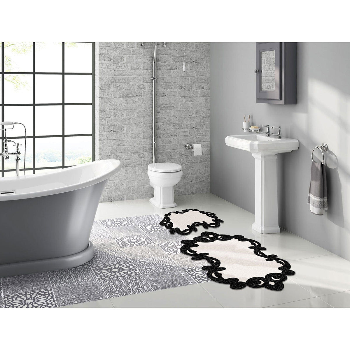 Set 2 covorase baie 394ANR1613, forma atipica, poliester, crem/negru