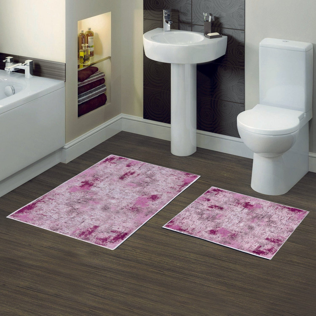 Set 2 covorase baie KT495 V3, forma dreptunghiulara, poliester, roz