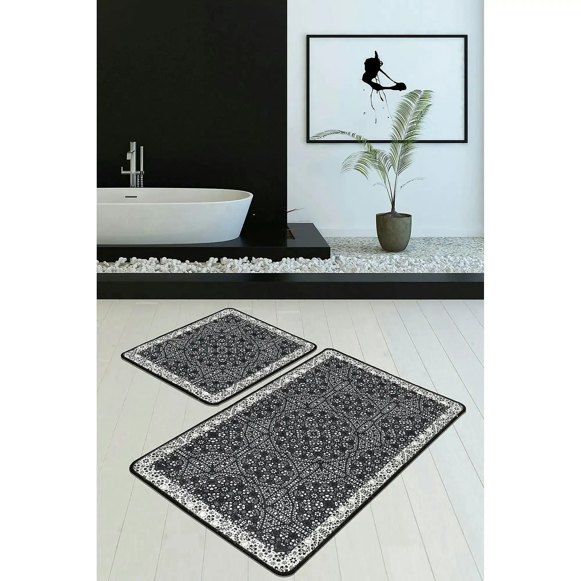 Set 2 covorase baie PAISLEY DJT, forma dreptunghiulara, poliester, negru/gri antracit