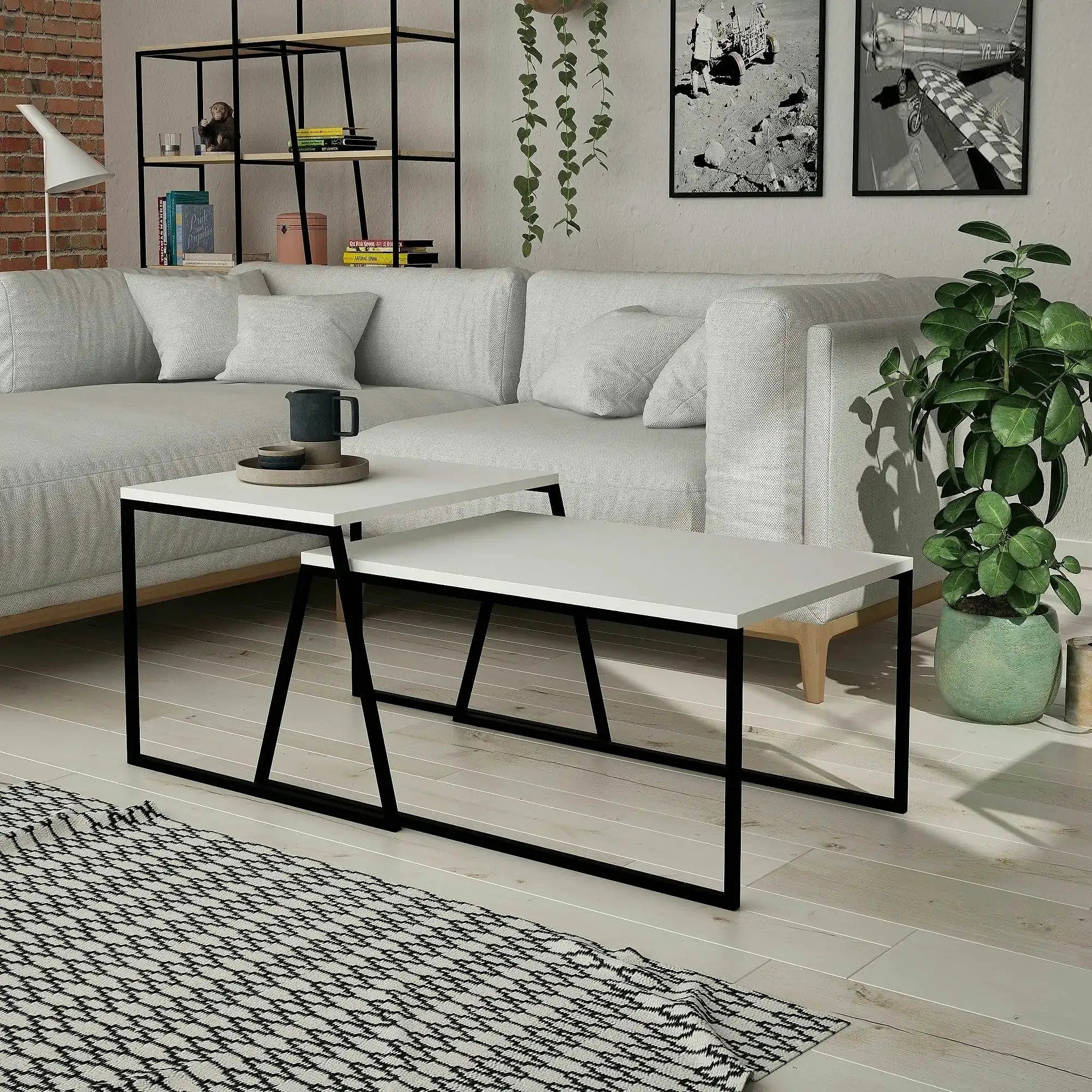 Set 2 masute cafea 855DTE2915, alb/negru, PAL melaminat/metal