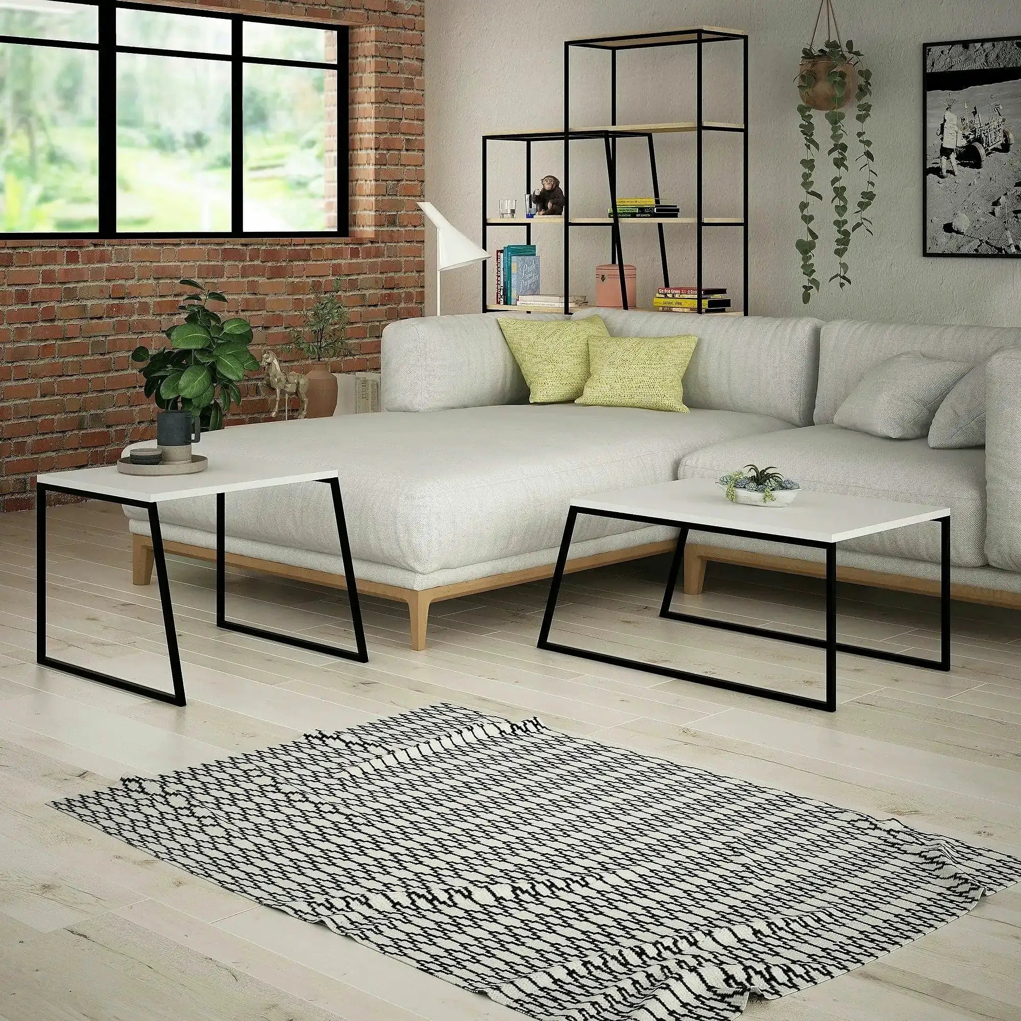 Set 2 masute cafea 855DTE2915, alb/negru, PAL melaminat/metal