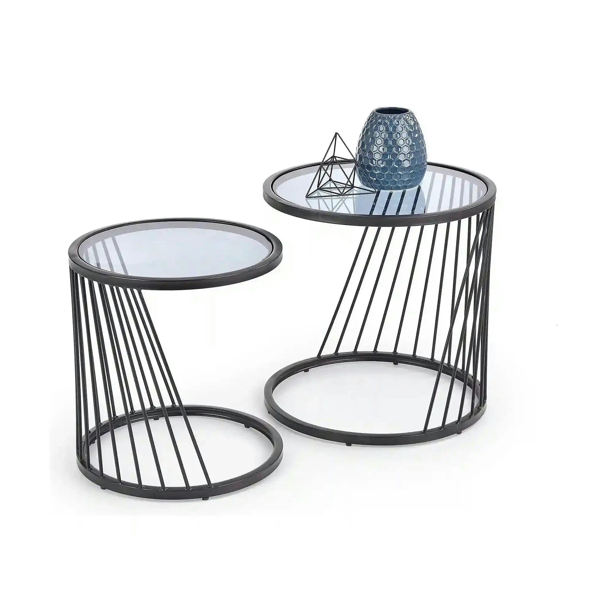 Set 2 masute cafea ANTILLA, transparent/negru, sticla/otel