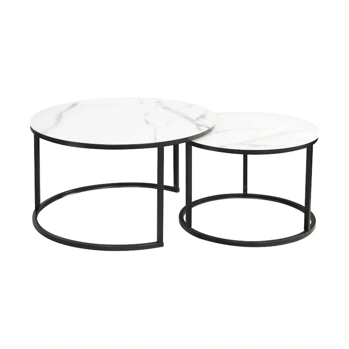 Set 2 masute cafea ATLANTA C, alb cu efect de marmura/negru, sticla/metal