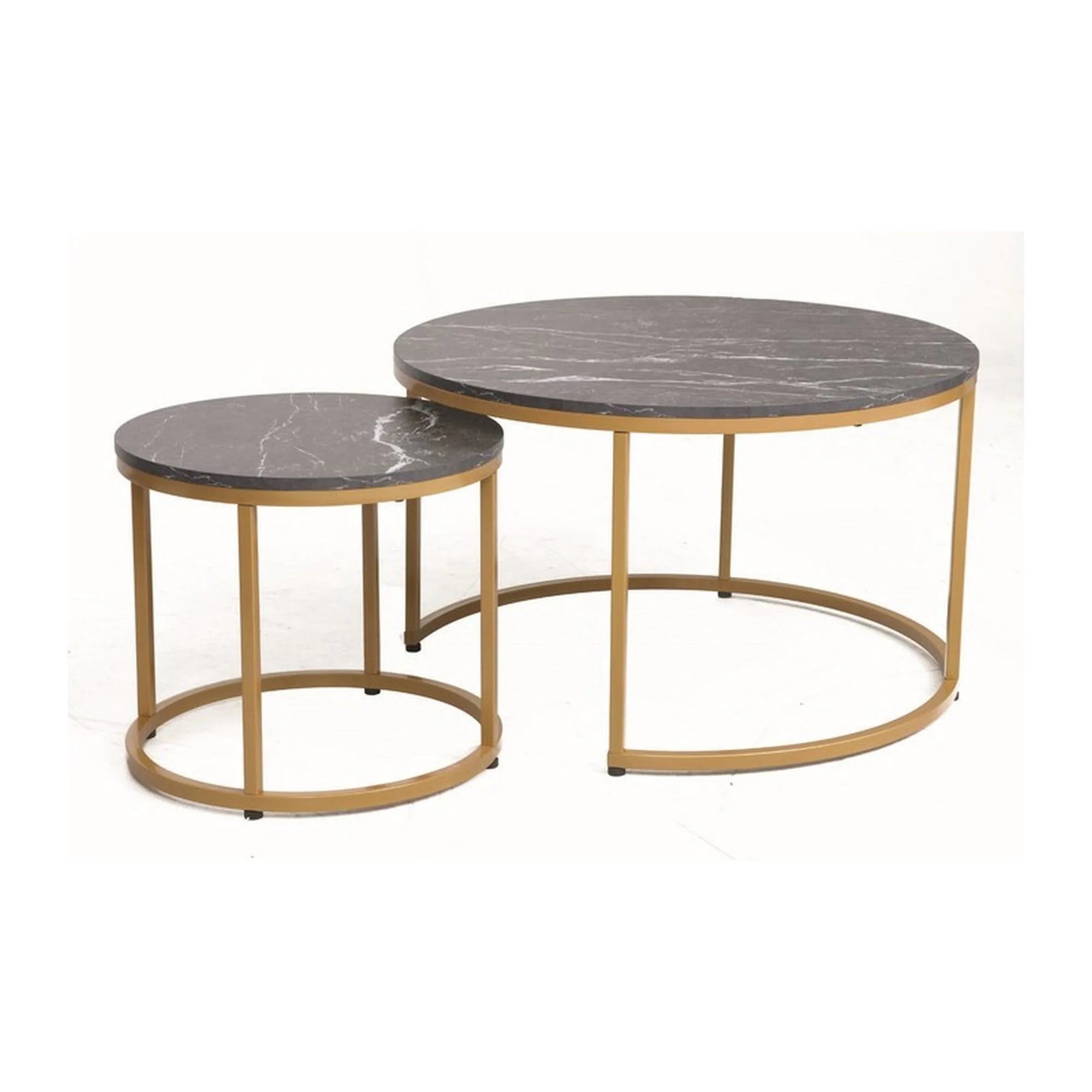 Set 2 masute cafea DION, negru cu efect de marmura/auriu, PAL laminat/metal