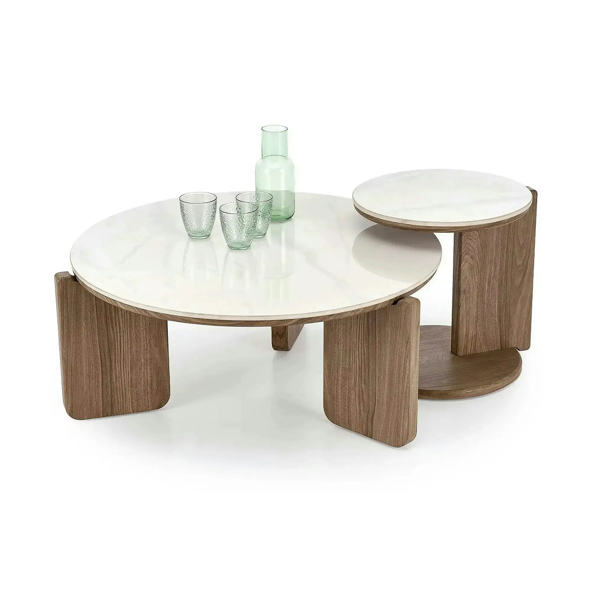 Set 2 masute cafea DIUNA, alb cu efect de marmura/nuc