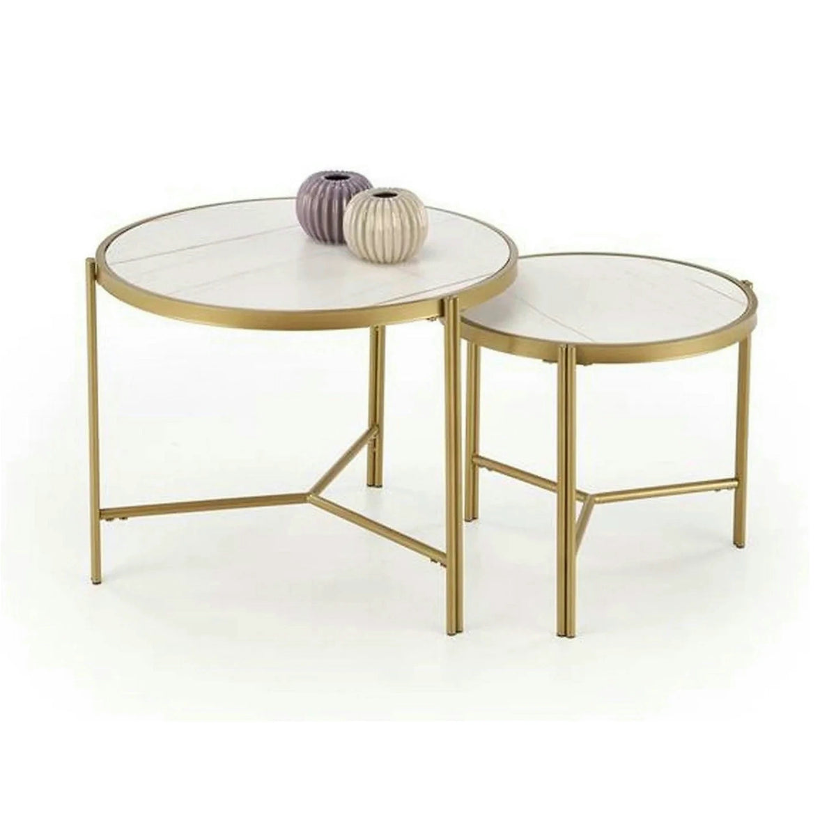 Set 2 masute cafea FATIMA, alb cu efect de marmura/auriu, ceramica/metal