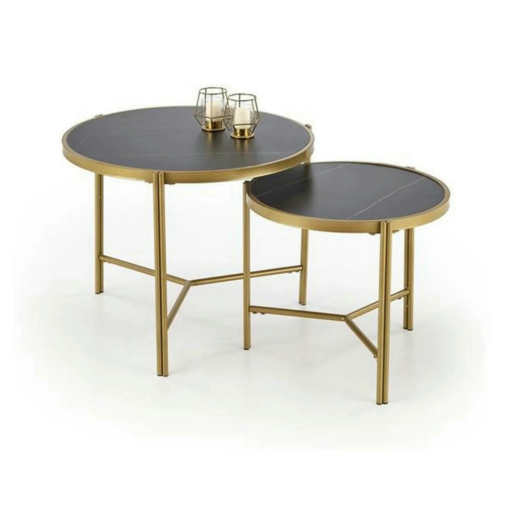 Set 2 masute cafea FATIMA, negru cu efect de marmura/auriu, ceramica/metal