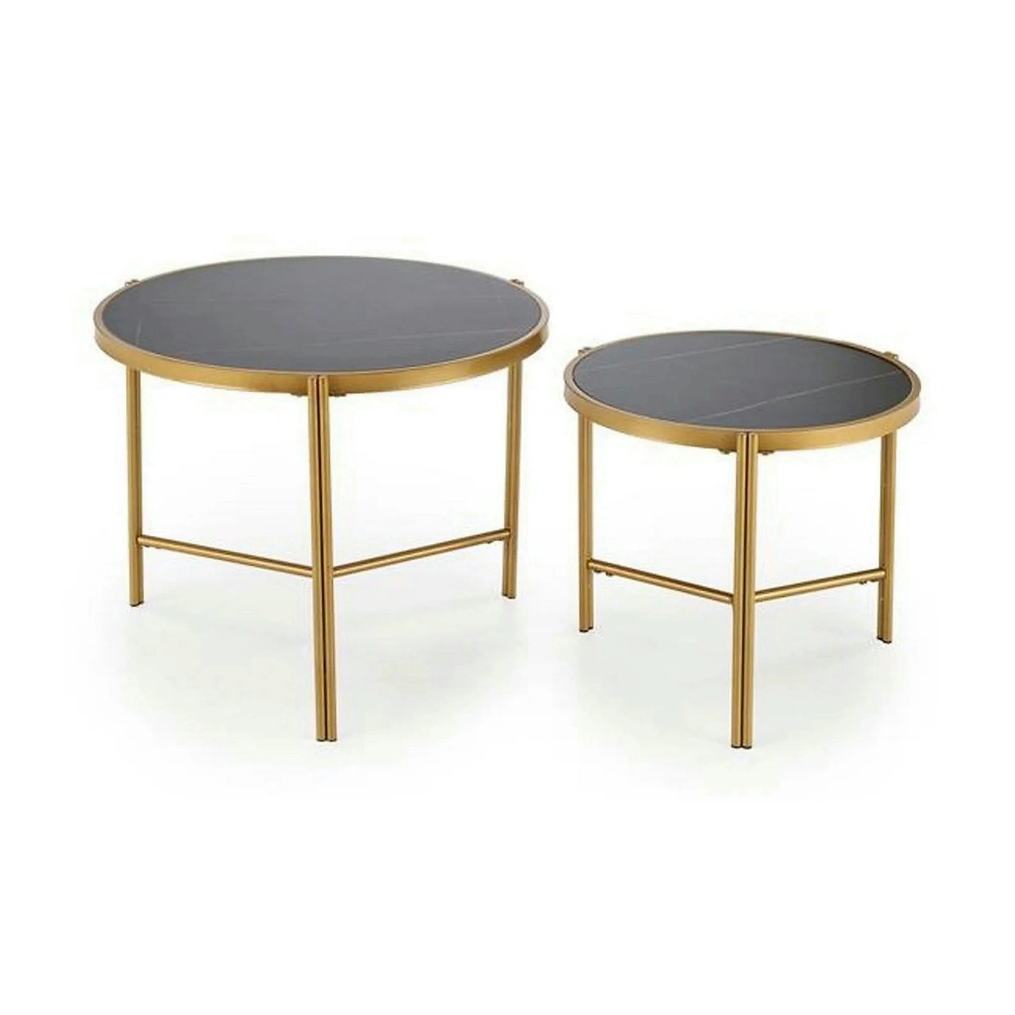 Set 2 masute cafea FATIMA, negru cu efect de marmura/auriu, ceramica/metal