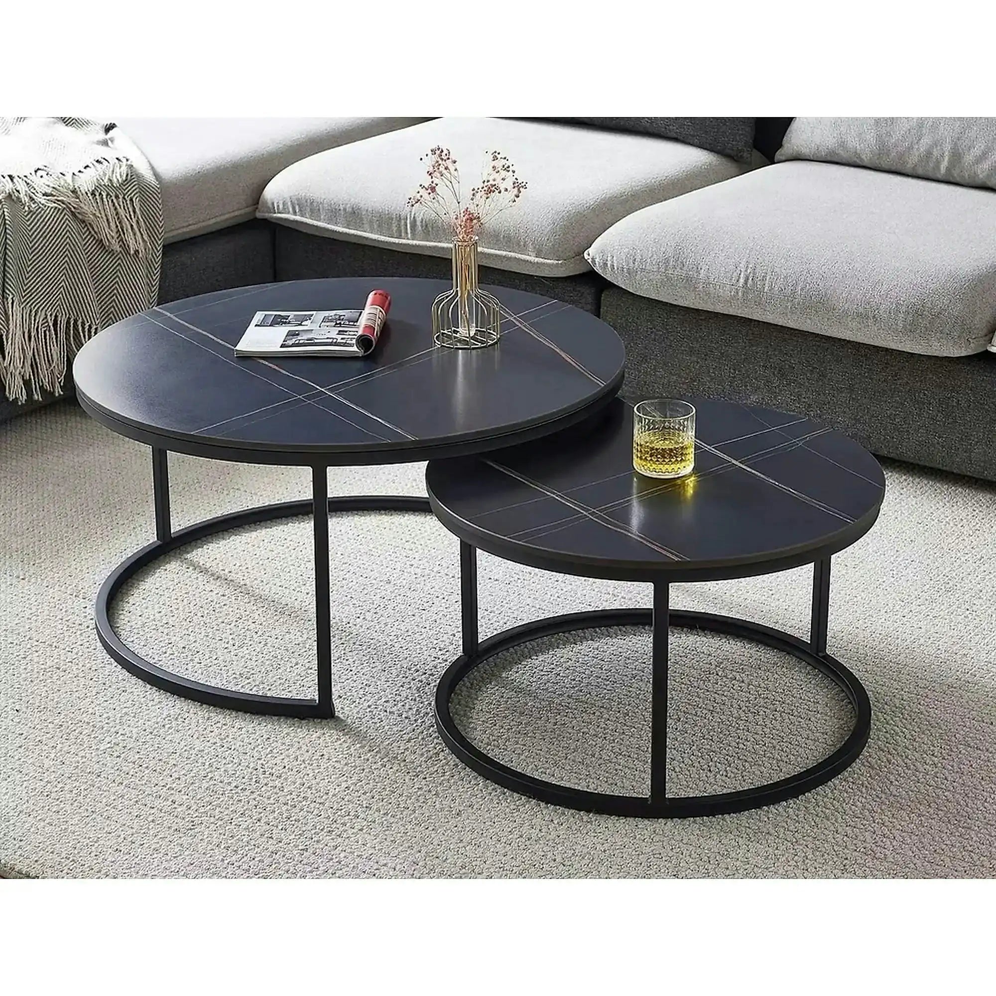 Set 2 masute cafea FERRANTE D, negru, ceramica/metal