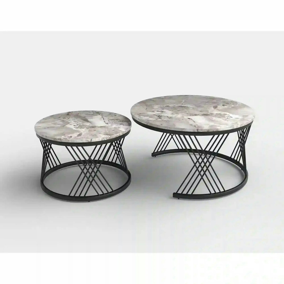 Set 2 masute cafea FLAMINGO, gri cu efect de marmura/negru, ceramica/metal