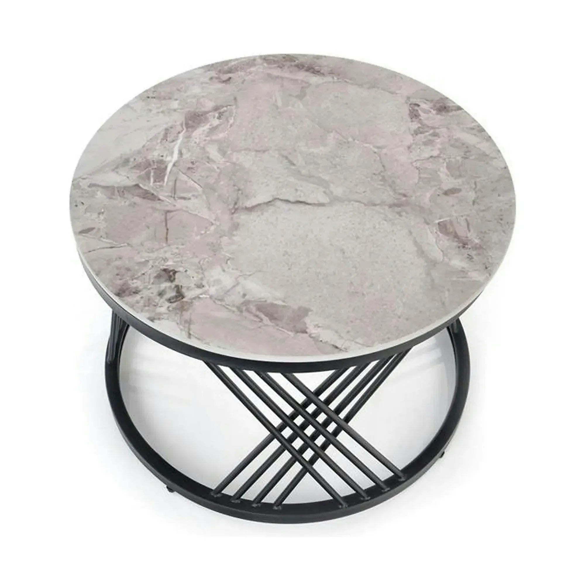 Set 2 masute cafea FLAMINGO, gri cu efect de marmura/negru, ceramica/metal