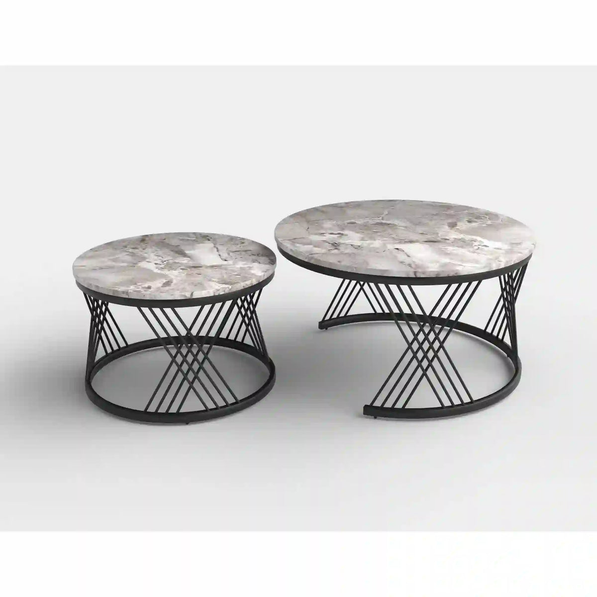Set 2 masute cafea FLAMINGO, gri cu efect de marmura/negru, ceramica/metal