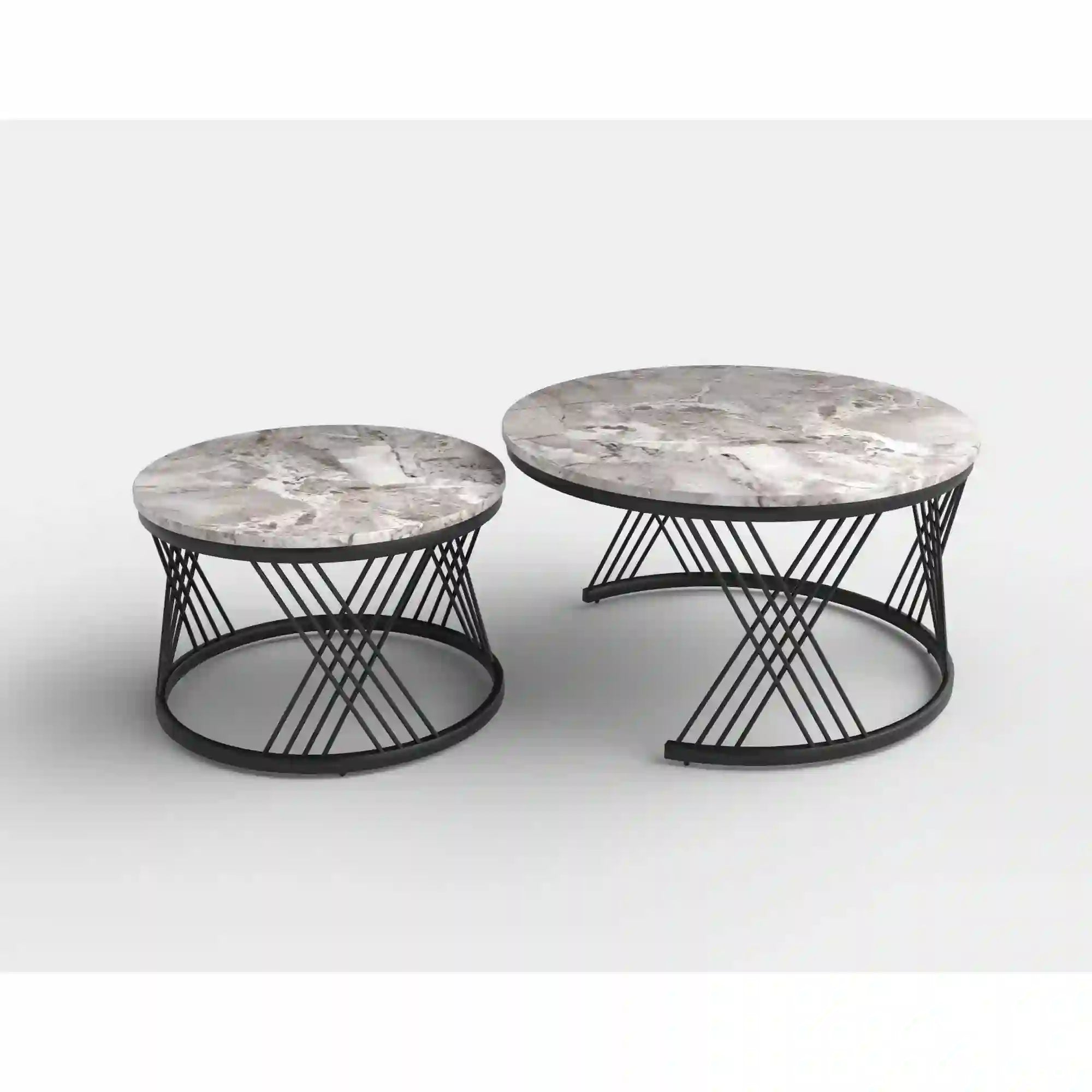 Set 2 masute cafea FLAMINGO, gri cu efect de marmura/negru, ceramica/metal