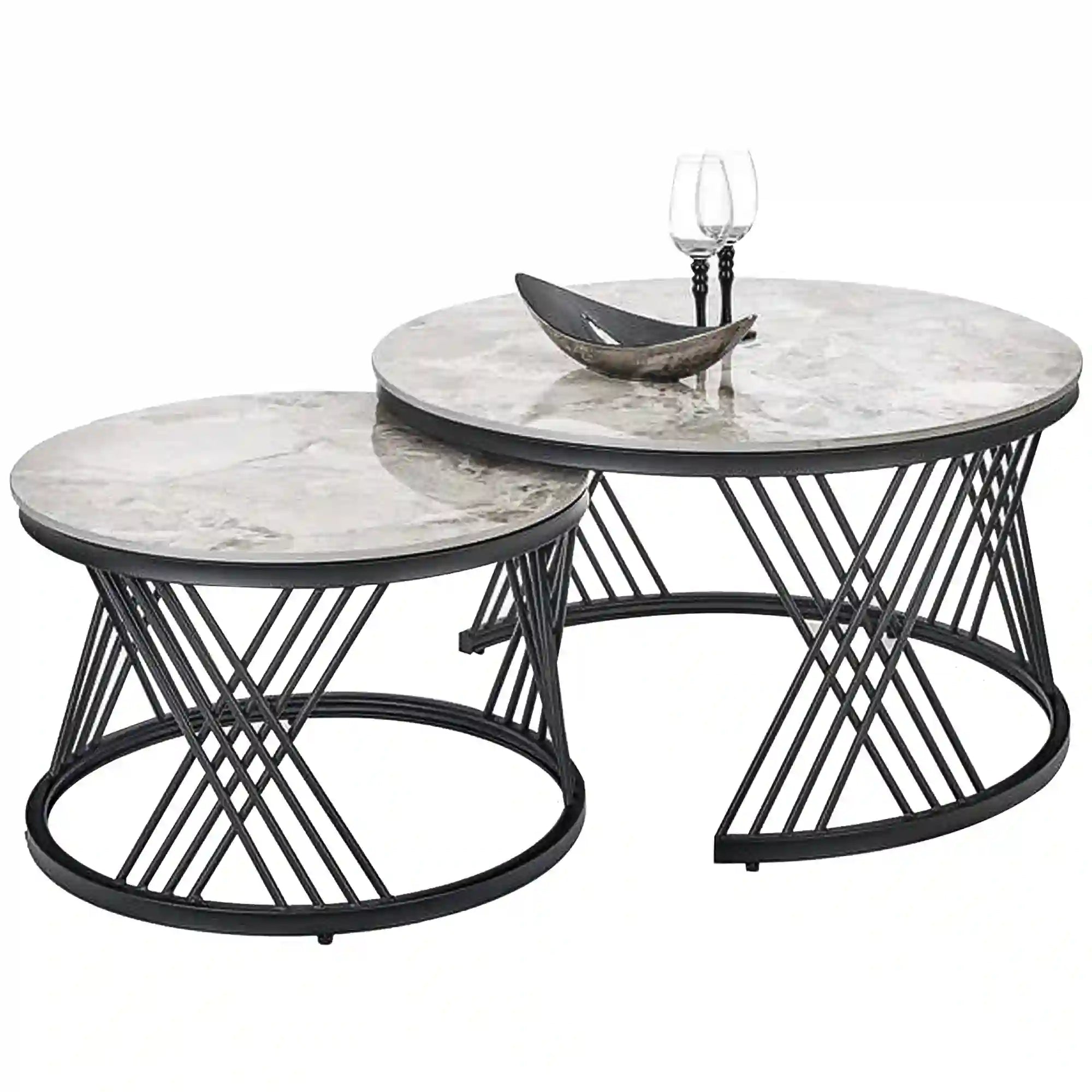 Set 2 masute cafea FLAMINGO, gri cu efect de marmura/negru, ceramica/metal