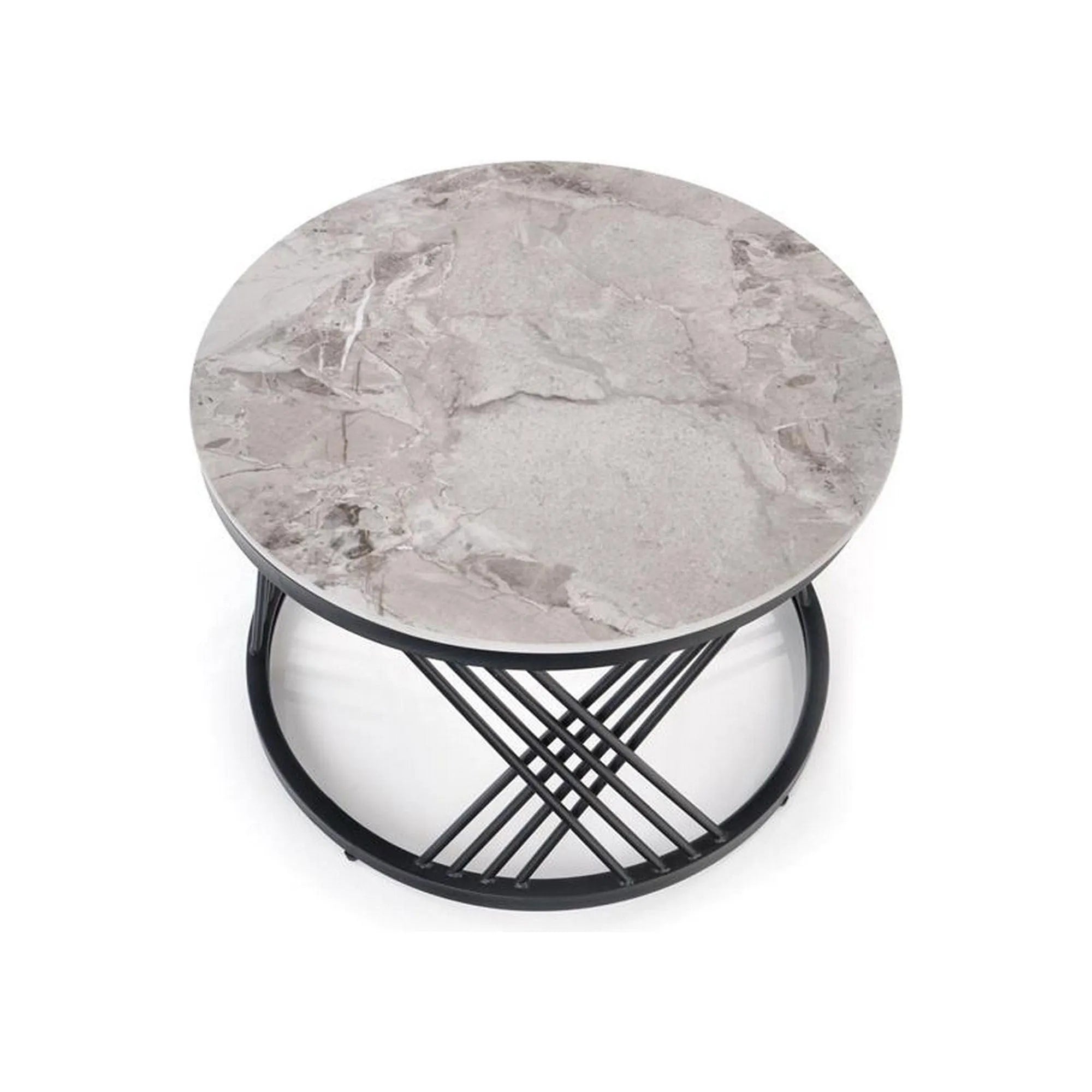 Set 2 masute cafea FLAMINGO, gri cu efect de marmura/negru, ceramica/metal