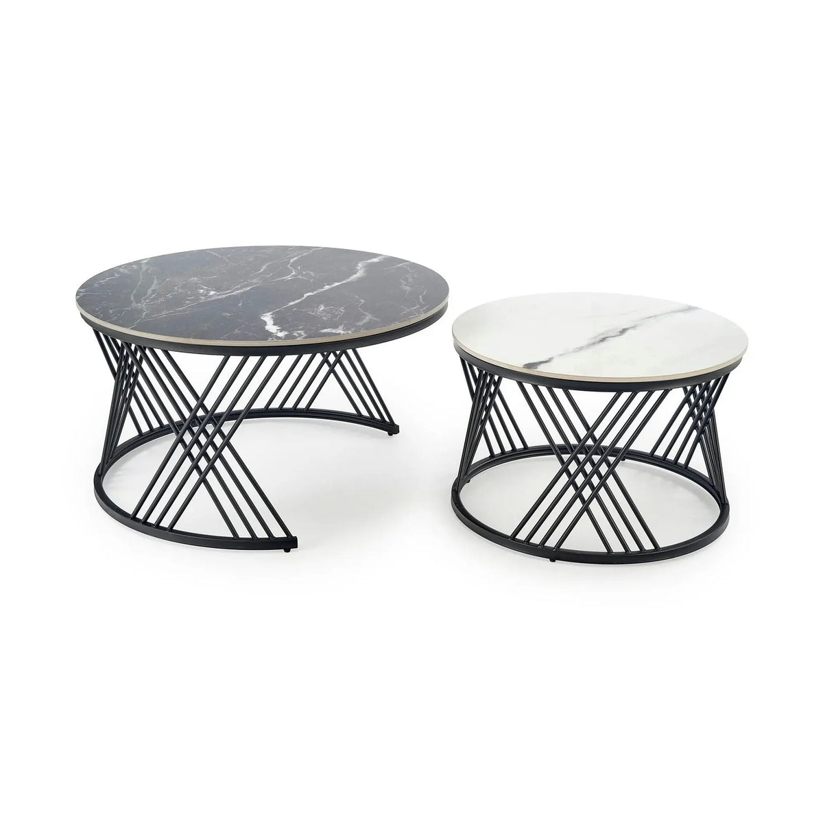 Set 2 masute cafea FLAMINGO, negru cu efect de marmura/alb cu efect de marmura/negru, piatra sinterizata/metal