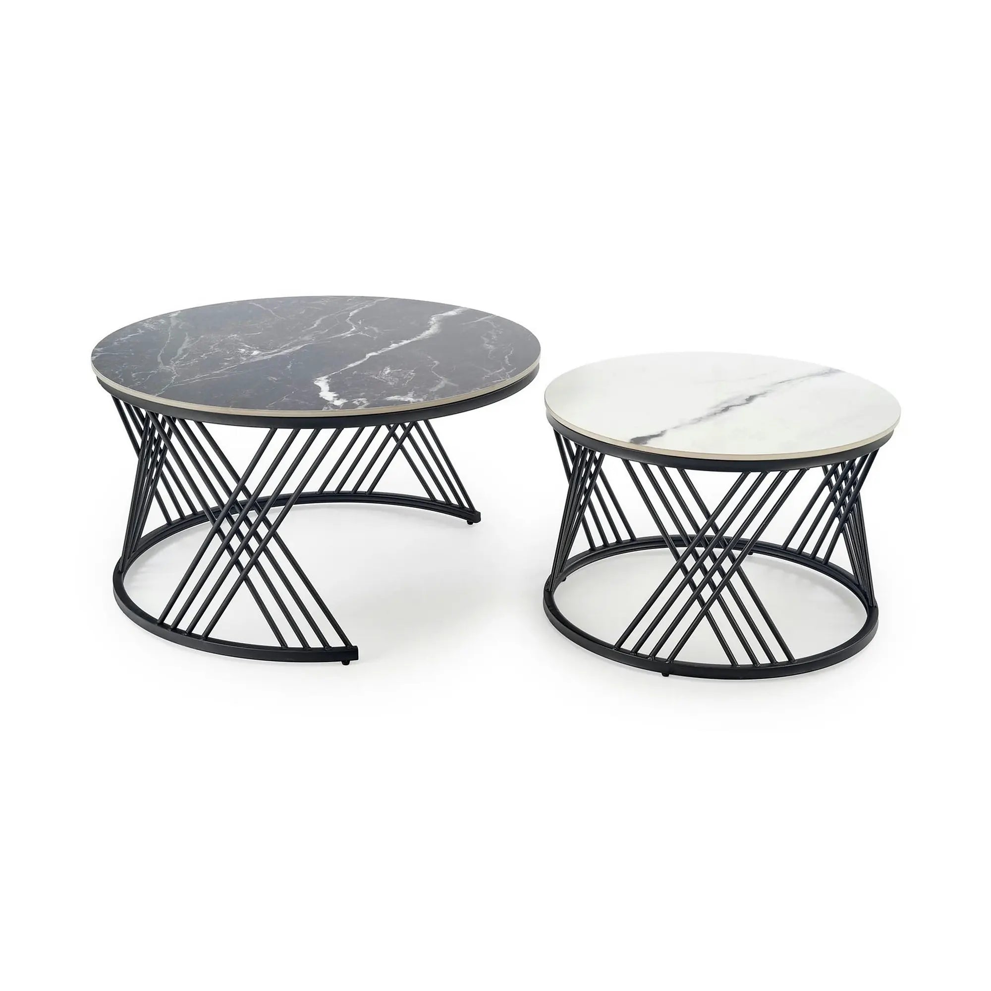 Set 2 masute cafea FLAMINGO, negru cu efect de marmura/alb cu efect de marmura/negru, piatra sinterizata/metal