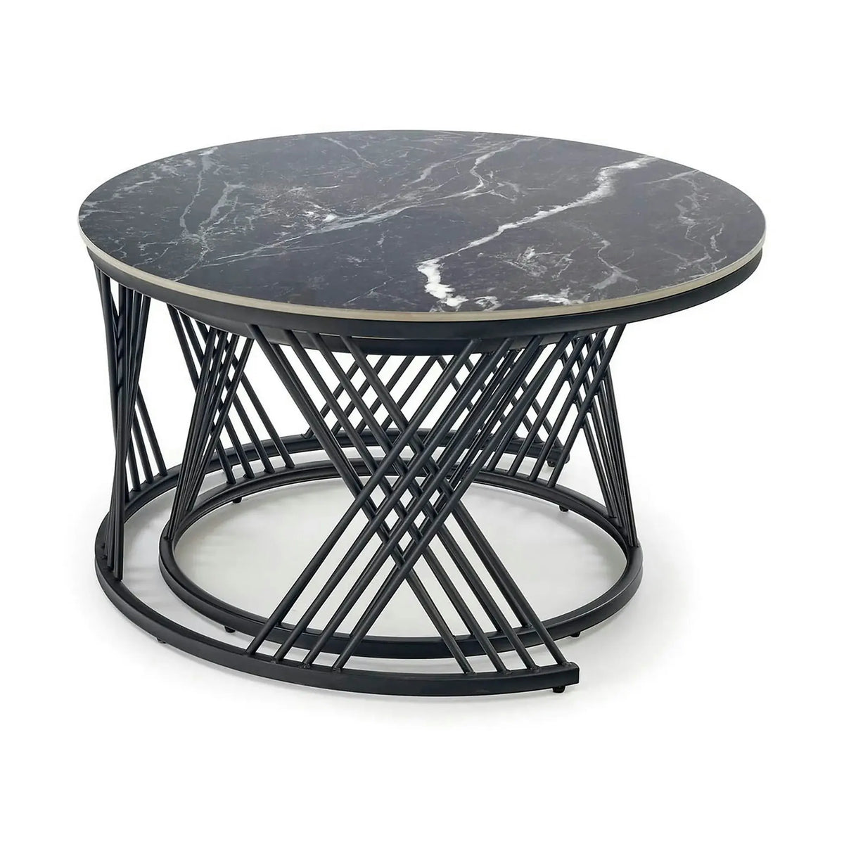 Set 2 masute cafea FLAMINGO, negru cu efect de marmura/alb cu efect de marmura/negru, piatra sinterizata/metal