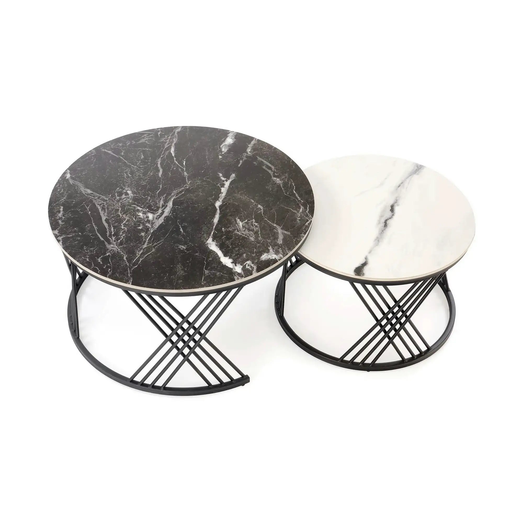 Set 2 masute cafea FLAMINGO, negru cu efect de marmura/alb cu efect de marmura/negru, piatra sinterizata/metal