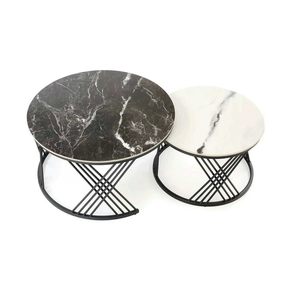 Set 2 masute cafea FLAMINGO, negru cu efect de marmura/alb cu efect de marmura/negru, piatra sinterizata/metal