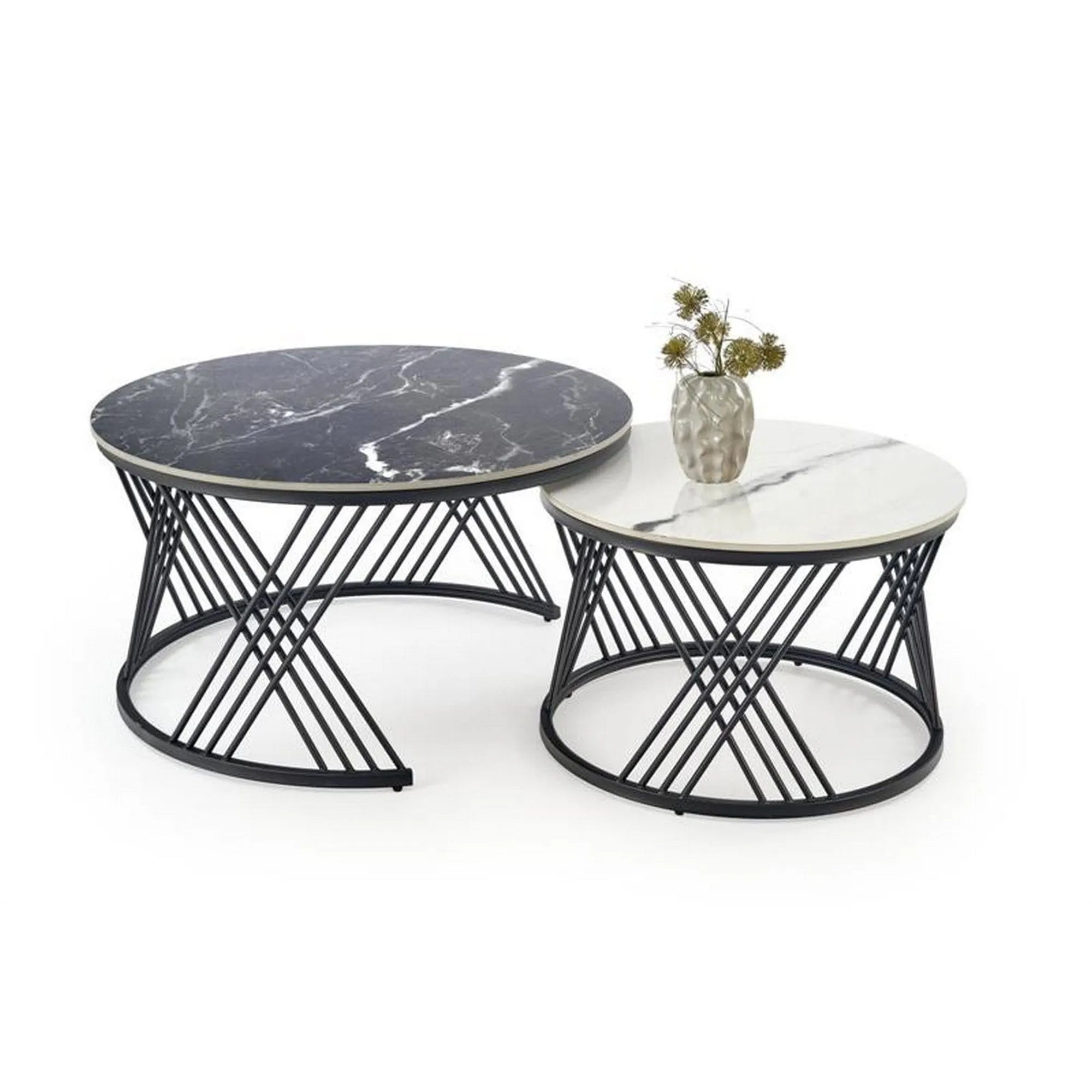 Set 2 masute cafea FLAMINGO, negru cu efect de marmura/alb cu efect de marmura/negru, piatra sinterizata/metal