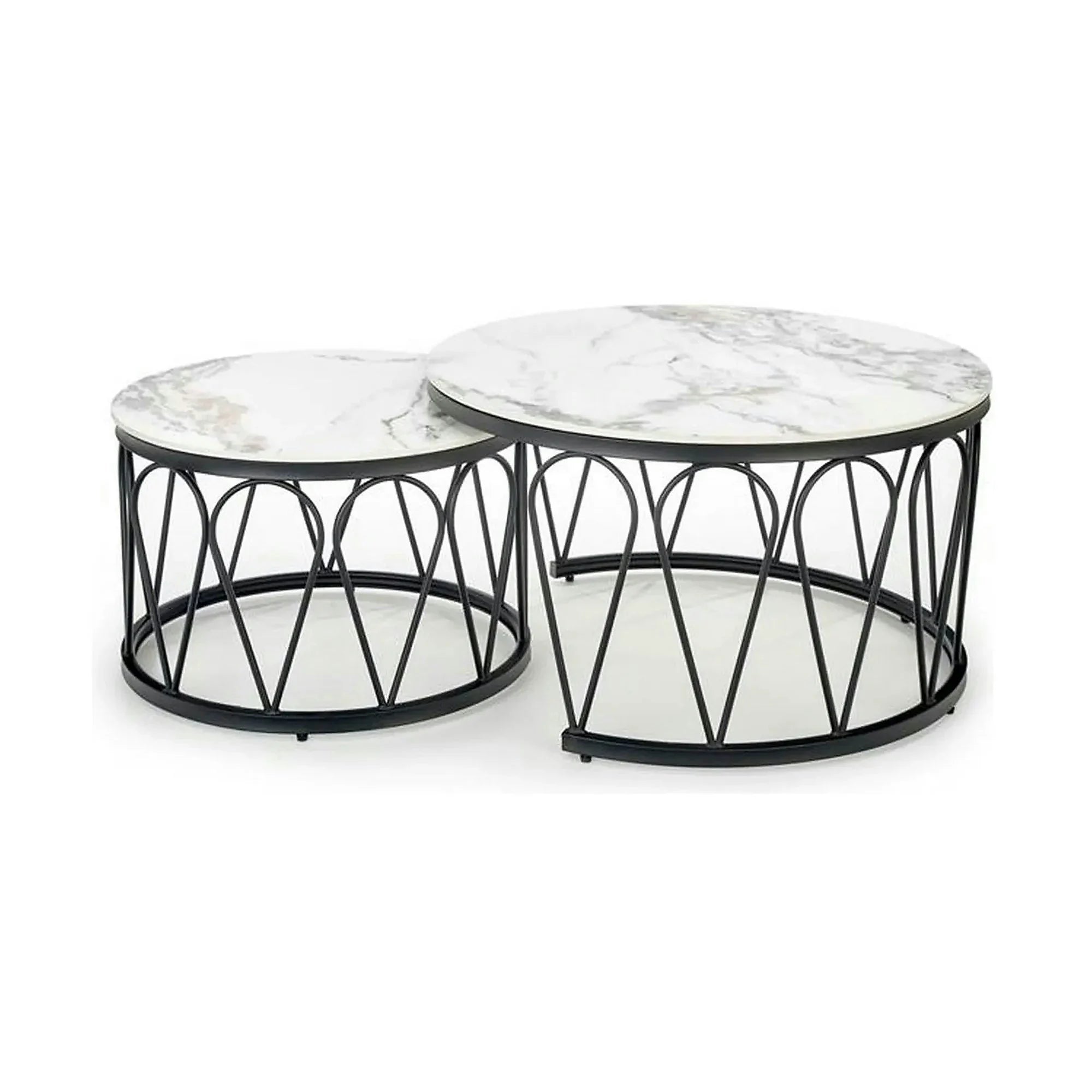 Set 2 masute cafea FORMOSA, alb cu efect de marmura/negru, ceramica/otel