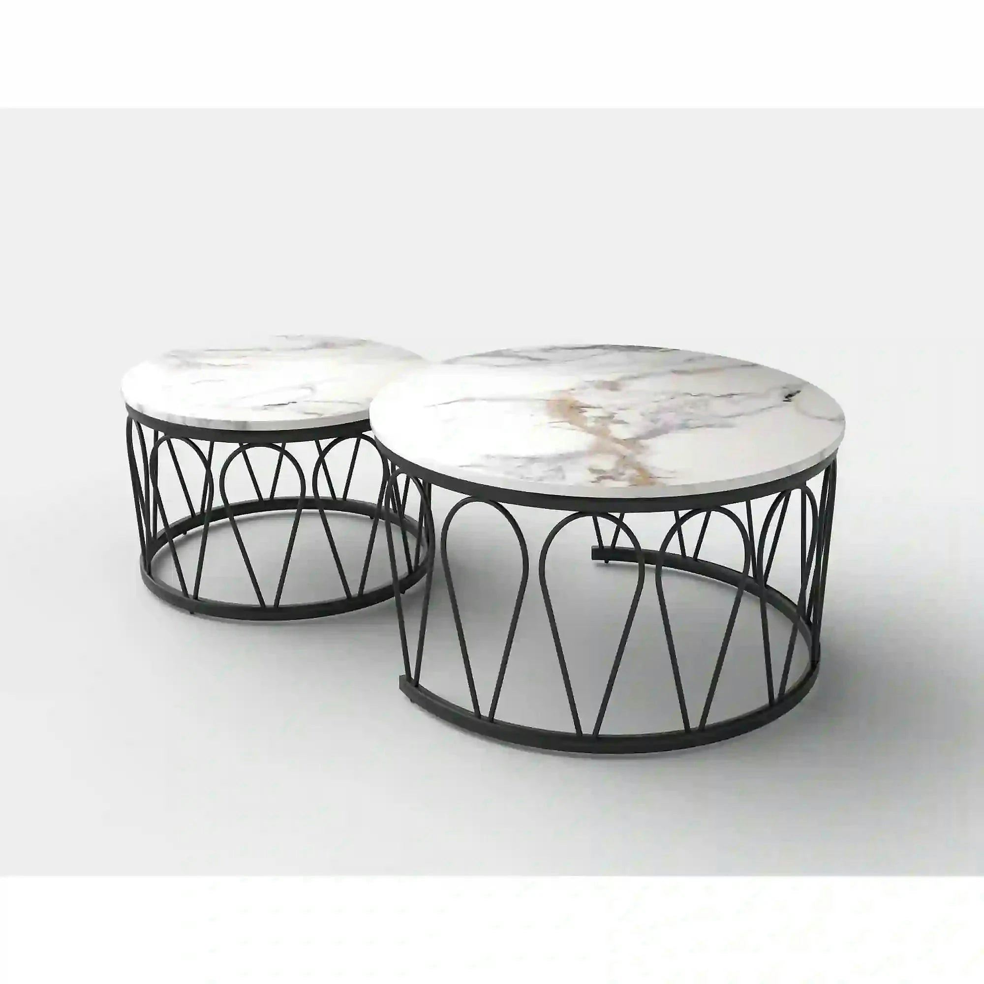 Set 2 masute cafea FORMOSA, alb cu efect de marmura/negru, ceramica/otel