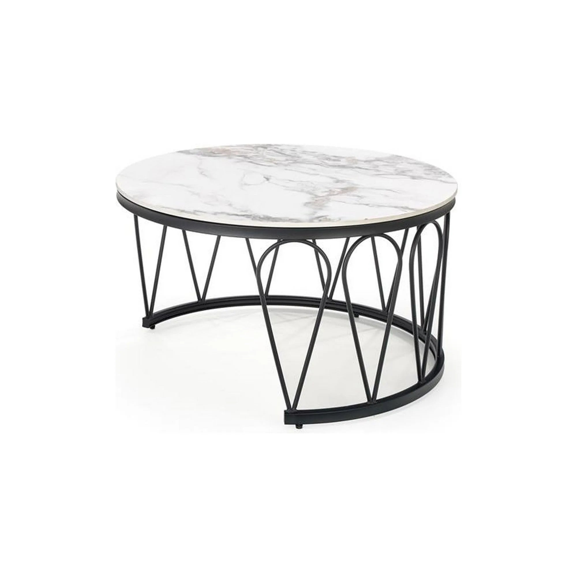 Set 2 masute cafea FORMOSA, alb cu efect de marmura/negru, ceramica/otel