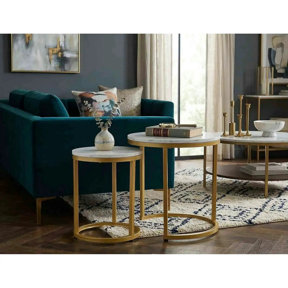 Set 2 masute cafea HOLA, alb cu efect de marmura/auriu, PAL laminat/otel