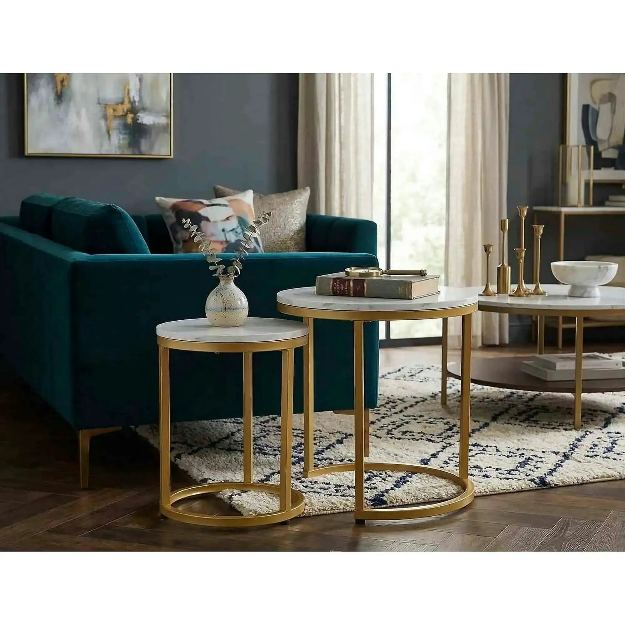 Set 2 masute cafea HOLA, alb cu efect de marmura/auriu, PAL laminat/otel