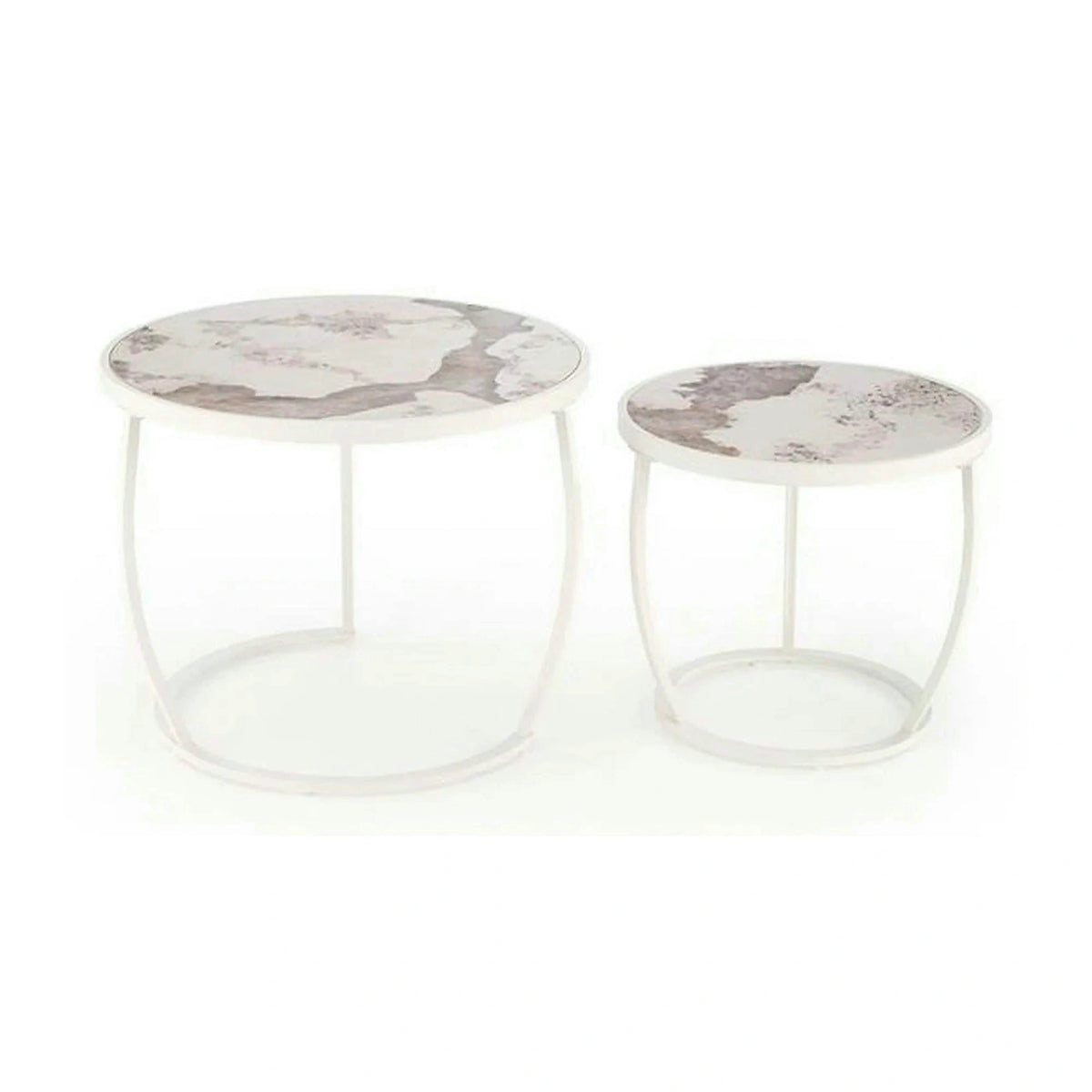 Set 2 masute cafea INES, bej cu efect de marmura/alb, ceramica/metal