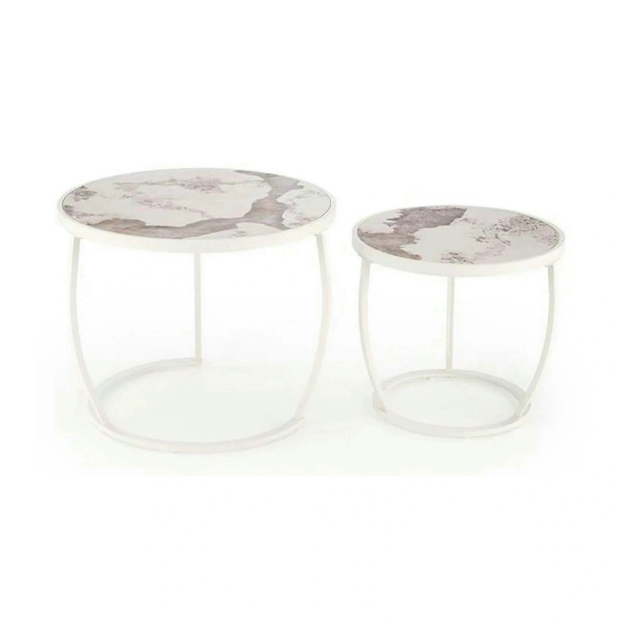 Set 2 masute cafea INES, bej cu efect de marmura/alb, ceramica/metal