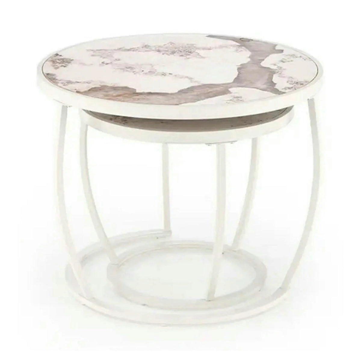 Set 2 masute cafea INES, bej cu efect de marmura/alb, ceramica/metal