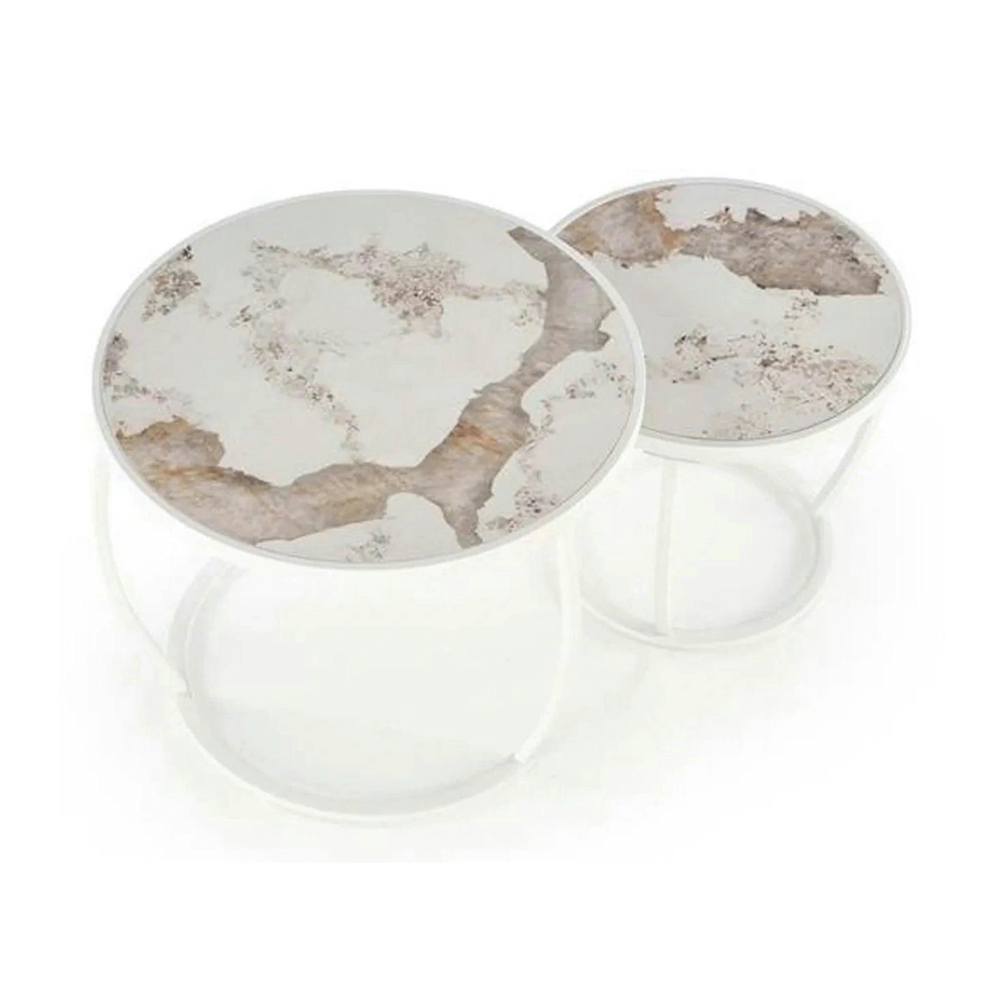 Set 2 masute cafea INES, bej cu efect de marmura/alb, ceramica/metal