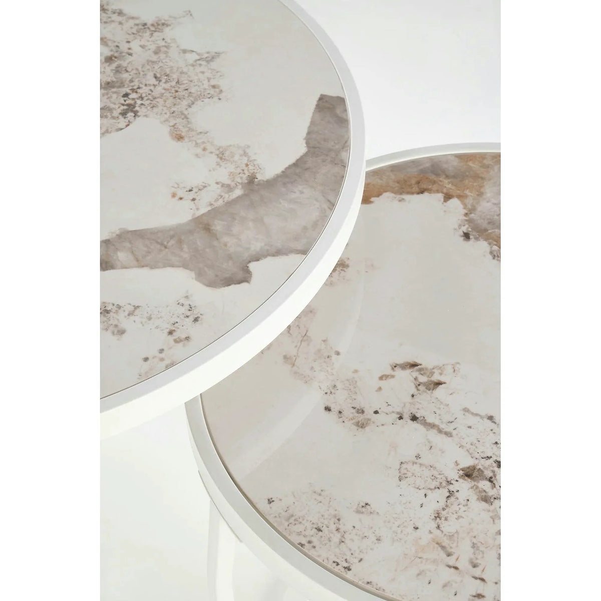 Set 2 masute cafea INES, bej cu efect de marmura/alb, ceramica/metal