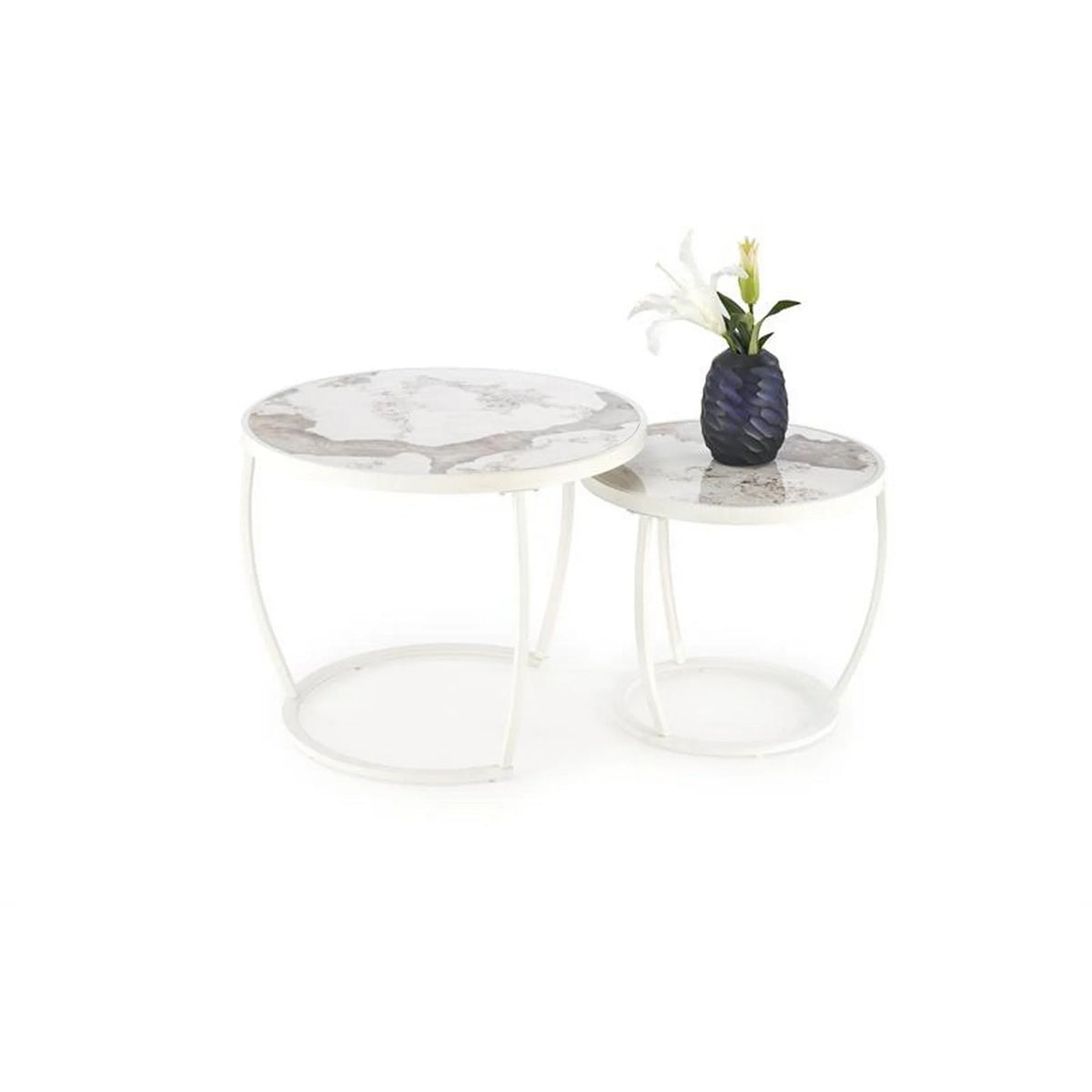 Set 2 masute cafea INES, bej cu efect de marmura/alb, ceramica/metal