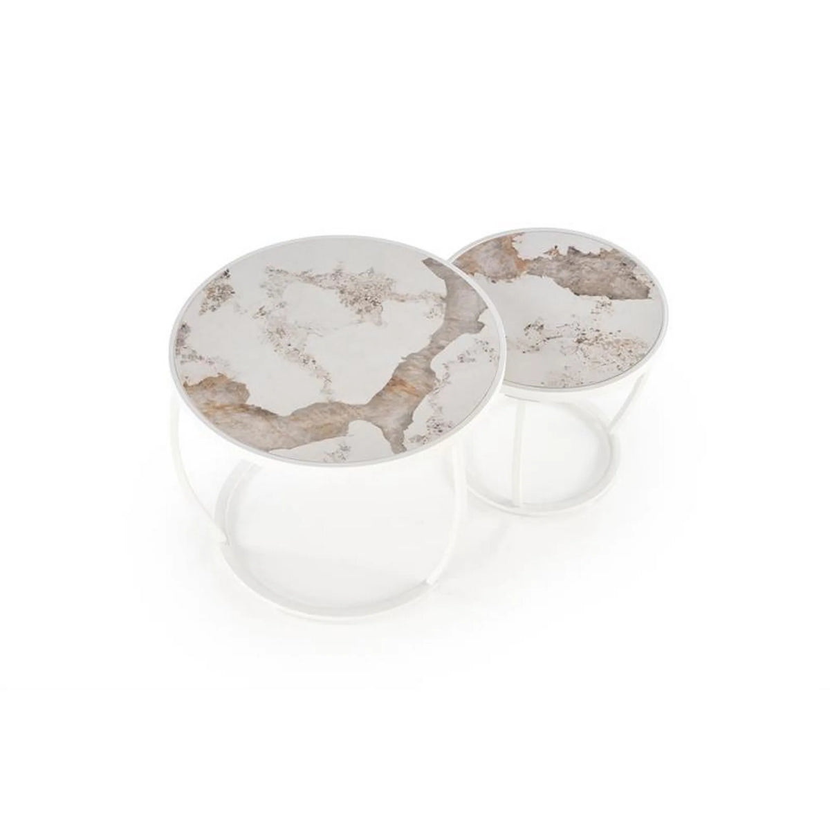 Set 2 masute cafea INES, bej cu efect de marmura/alb, ceramica/metal