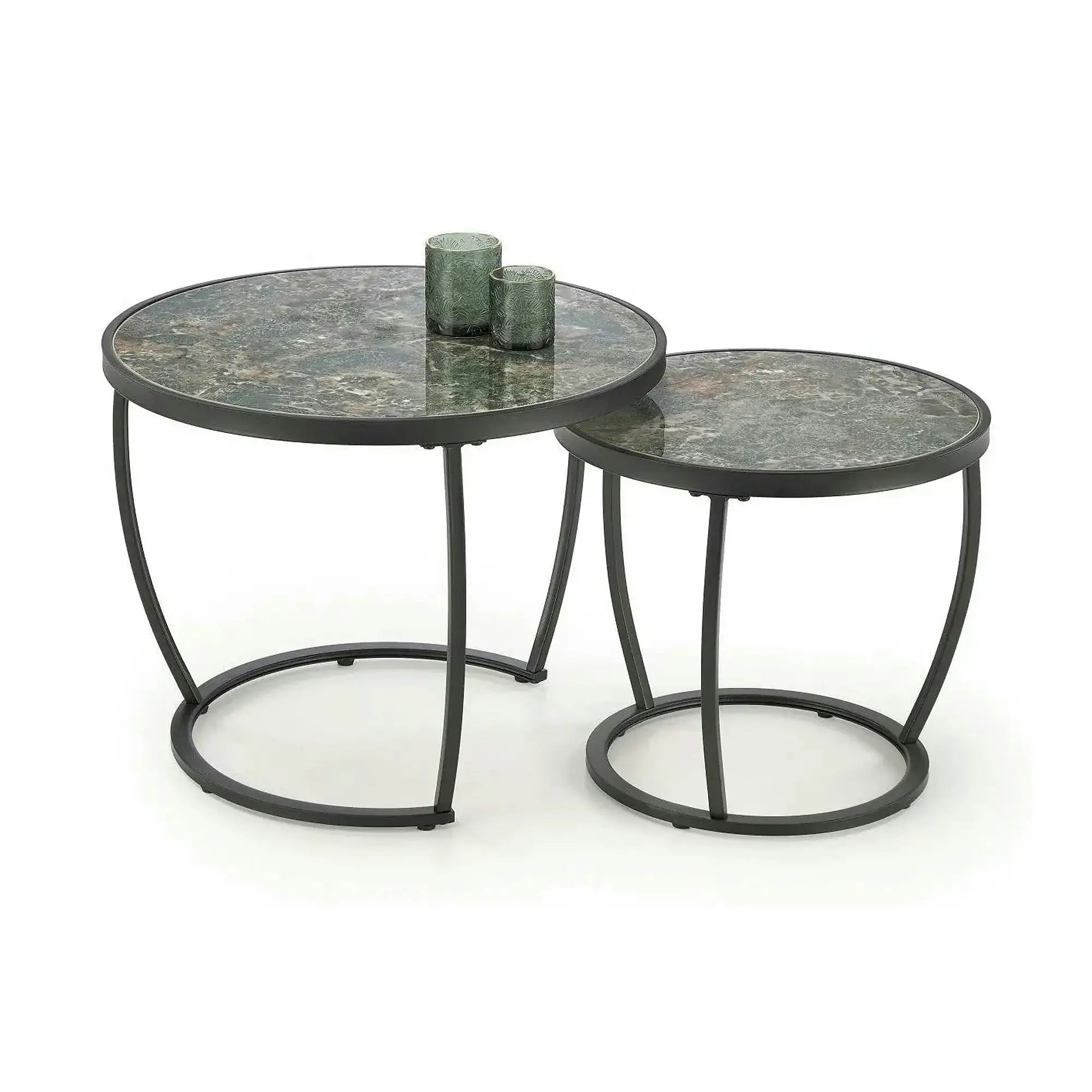 Set 2 masute cafea INES, verde cu efect de marmura/negru, ceramica/metal