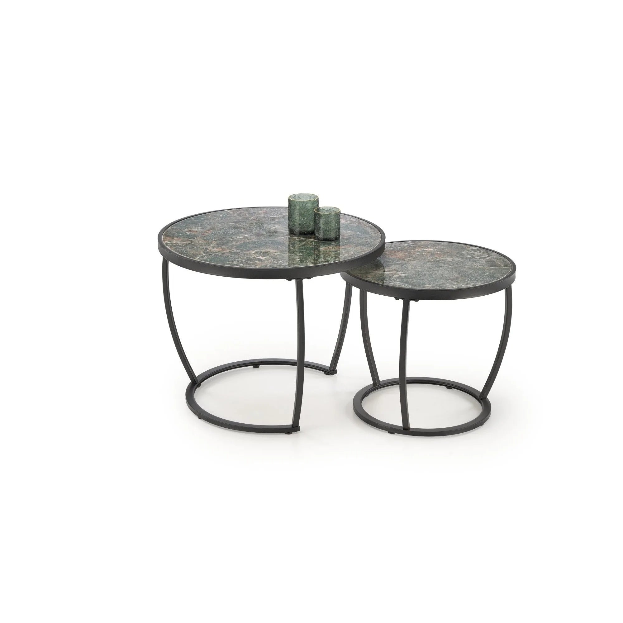 Set 2 masute cafea INES, verde cu efect de marmura/negru, ceramica/metal