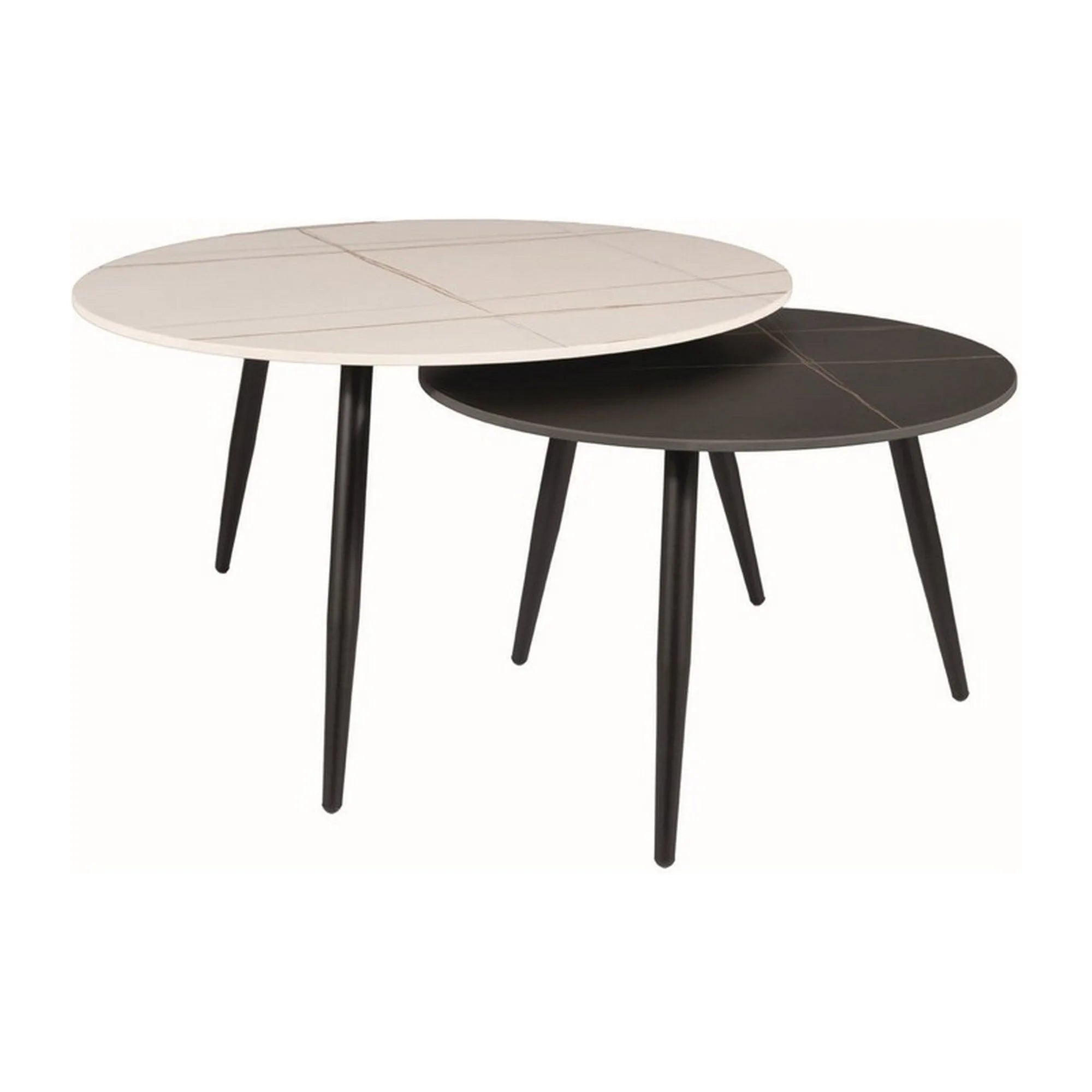 Set 2 masute cafea KORA B, alb cu efect de marmura/negru cu efect de marmura, ceramica/metal